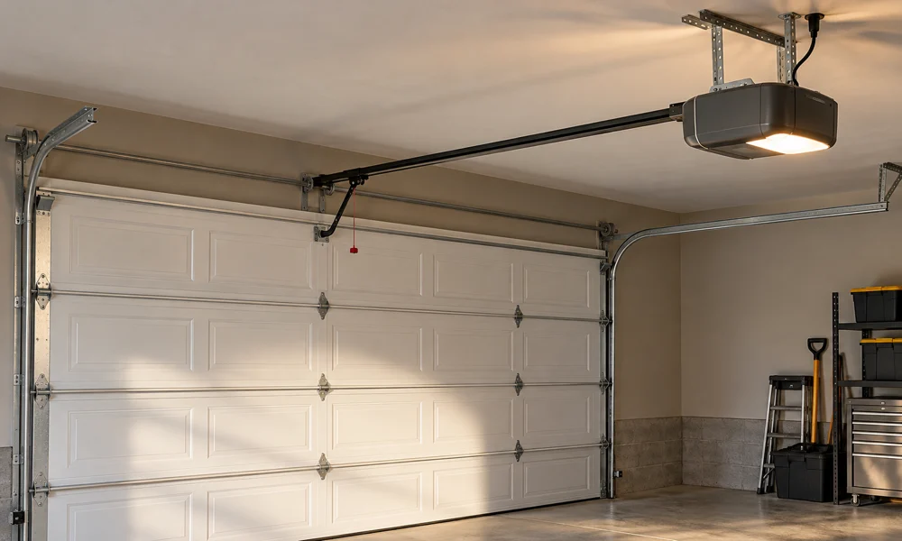 Illustrative ceiling-mounted residential opener with rail and door arm
